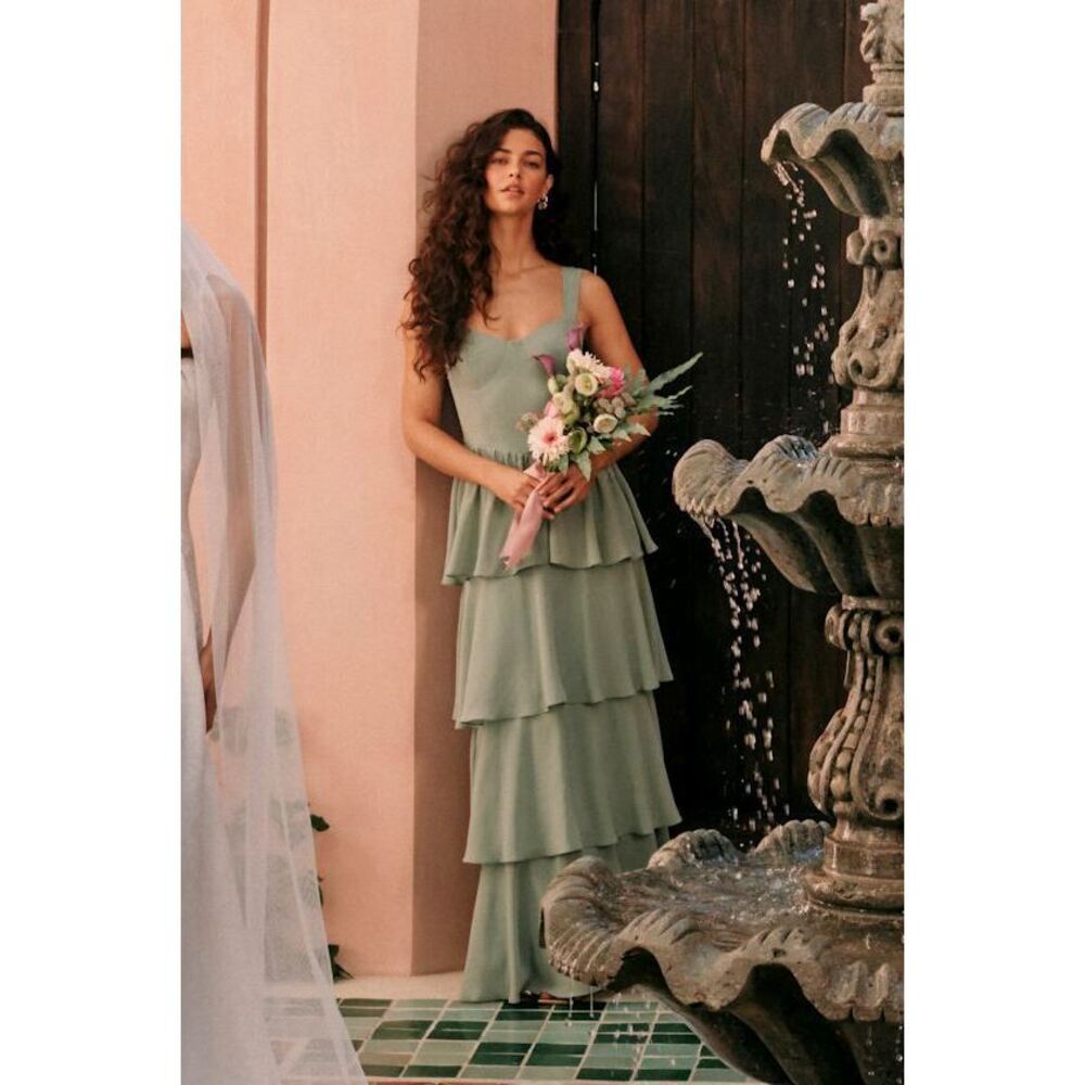 Lulus Carlynda Sage Brush Tiered Bustier Maxi Dress Green - Size L